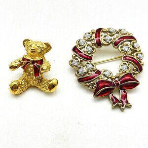 Christmas Brooches Lot of 2 Wreath Bear Gold Tone Red Enamel Rhinestones Holiday